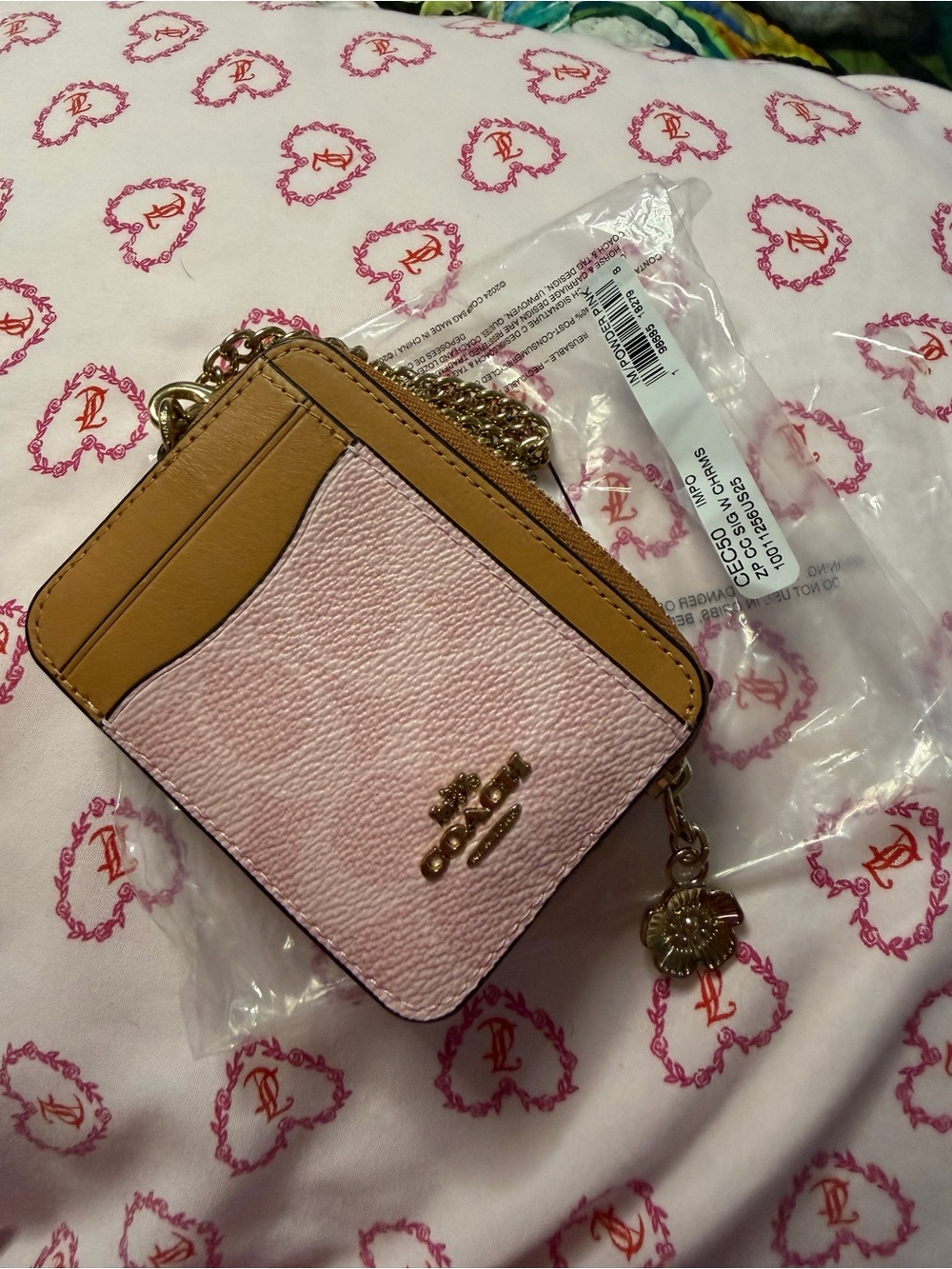 Coach Pink Powder and Tan Leather Card Case with Chain
